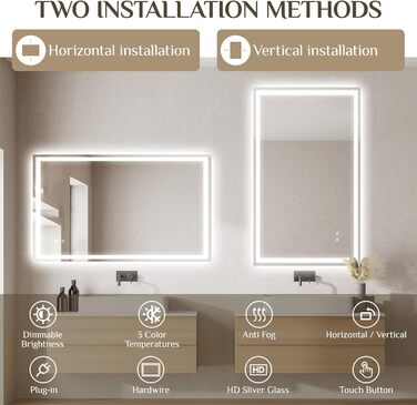 Дзеркало для ванної кімнати Clevich з підсвічуванням 70x50 см, LED, 3 кольори світла, регулювання яскравості, захисне скло, сенсорне керування, функція пам'яті, антизапар, 100x60 см