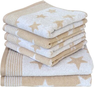 Dyckhoff Stars Frottier Towel Set, Cotton, Sand, 4x Towel 50x100cm, 2x Bath Towel/Shower Towel 70x140cm
