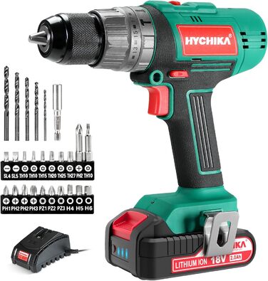 Акумуляторний шурупокрут HYCHIKA 18V, 45 Nm, 2.0 Ah, 27 предметів, 21+3 ступені, 2 швидкості, для свердління та закручування