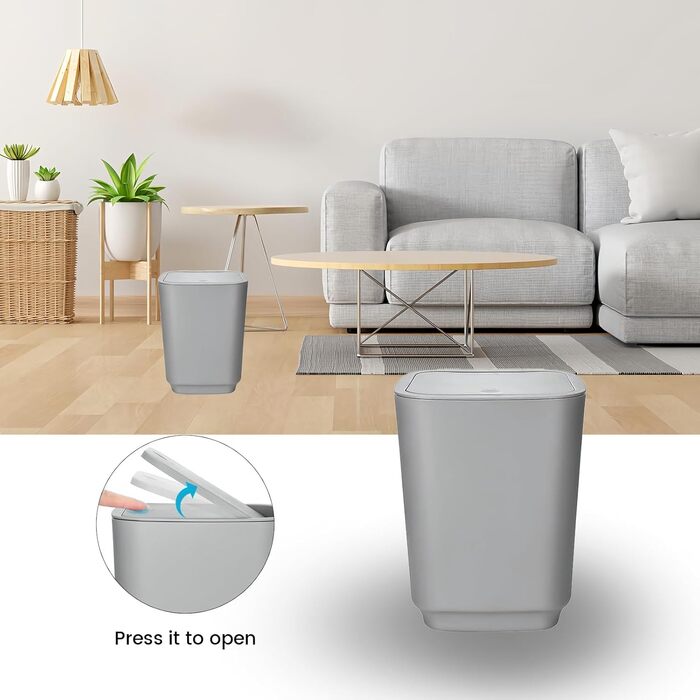 Сучасний набір для ванної кімнати на 6 предметів: мильниця, тримач для зубних щіток, дозатор мила, сміттєвий бак, стаканчик та WC-щітка з пластику та металу (сірий)