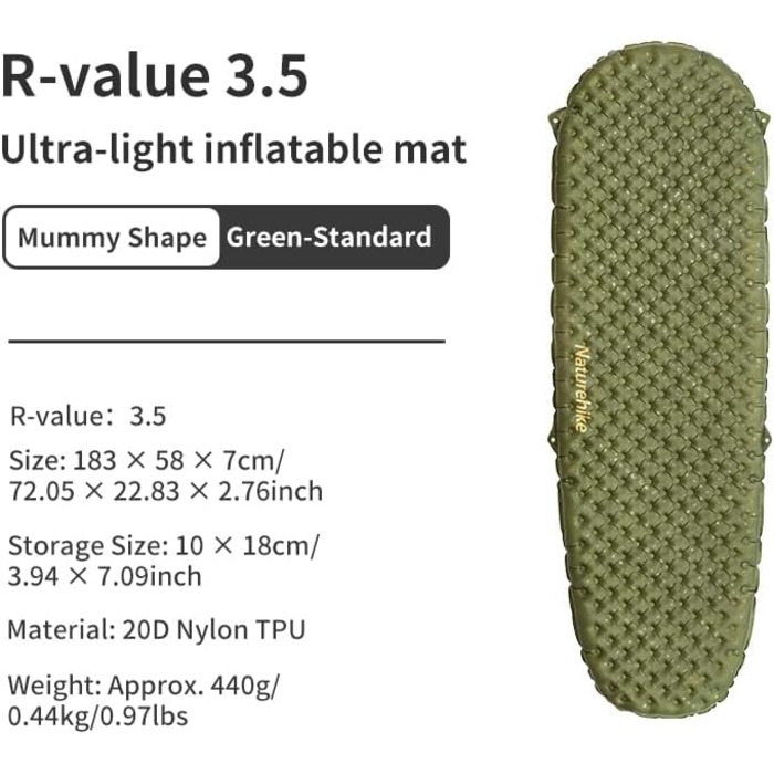 Naturehike Каремат самонадувний Ultraleichte 3.5R, Green - для кемпінгу, трекінгу, альпінізму та подорожей
