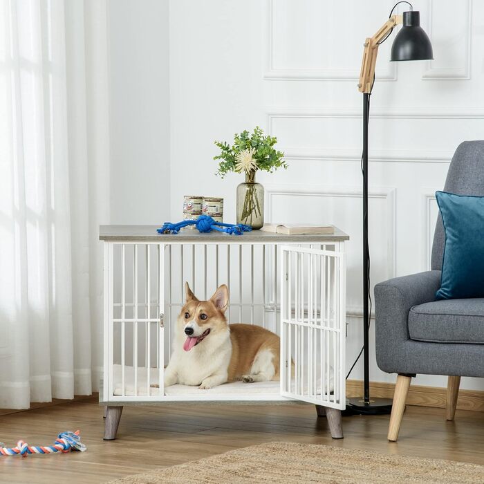 Клітка для собак PawHut, 86 x 60 x 70 см, з подушкою, білий+дуб, для собак до 15 кг