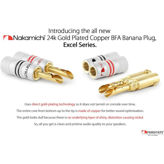Позолочені бананові роз'єми Nakamichi 24K для акустичних кабелів 12-18 AWG, 4 мм, для підсилювачів, Hi-Fi ресиверів та домашніх кінотеатрів, 4 шт (2 пари)