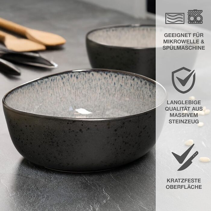 Набір органічних мюслі-мисок Moritz & Moritz (6 шт.) з кераміки, 500 мл, сучасний дизайн, градієнт кольору, стійкі до миття в посудомийній машині (сірий, сервіровочна миска (2x))