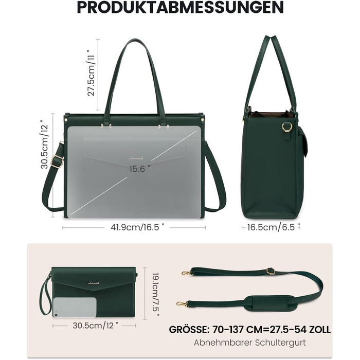 Сумка для ноутбука LOVEVOOK жіноча водонепроникна, сумка для роботи та навчання, бізнес-портфель, 15.6 дюймів (темно-зелений)