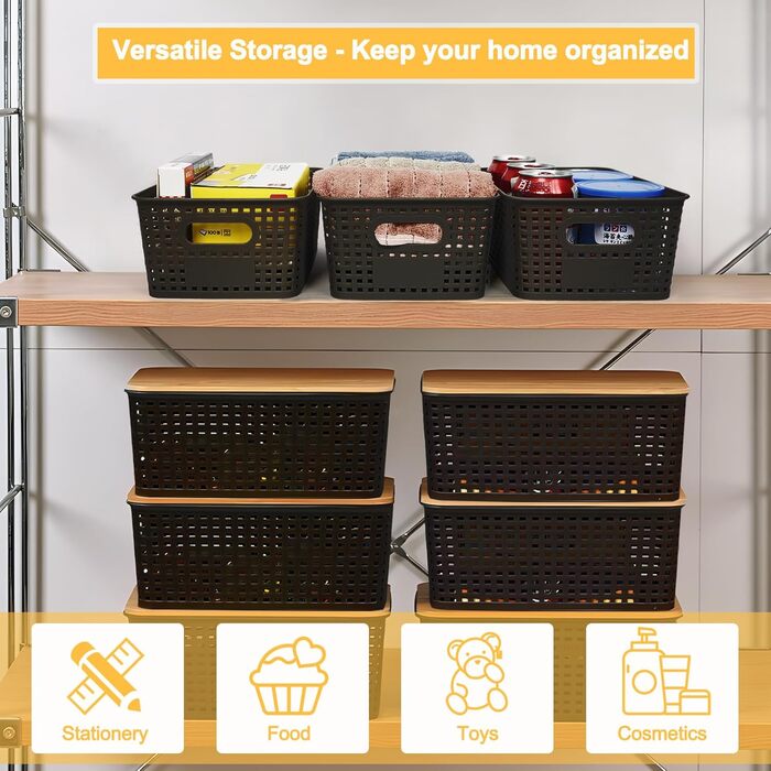 UHAPEER Storage Box with Bamboo Lid, 6 Pack Storage Basket, Plastic Basket Storage, Kitchen Organizer White, Stackable Storage Boxes, Box with Lid 25.6 x 18 x 10.7 cm (Black)
