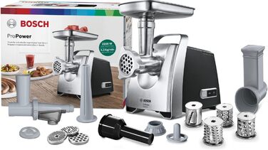 М'ясорубка Bosch MFW68660 сріблясто-чорна, 2200 Вт, насадки для ковбас, 4 тертки, 3 диски з нержавіючої сталі (3, 4.8, 8 мм)