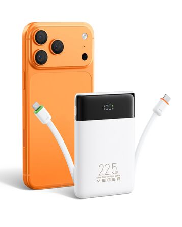 Повербанк VEGER 10000mAh 22.5W з вбудованим кабелем USB-C, швидка зарядка, білий