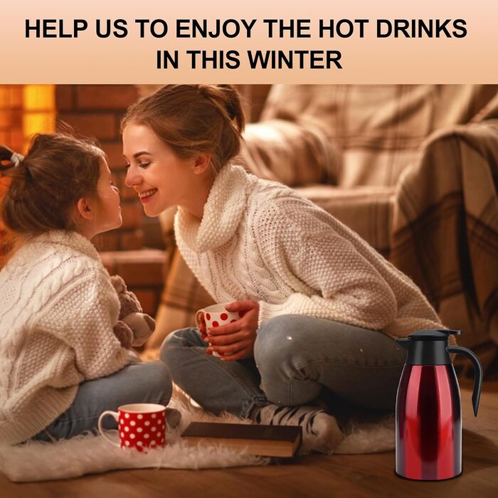 2 Liter Vacuum Insulated Flask, Stainless Steel Thermos, Large Opening, Thermos Keeps Drinks Hot for 12 Hours, Ideal as a Coffee Pot or Tea Pot, Pot for 12 Cups (Red)