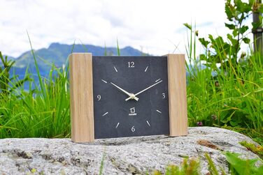Wall clock, Matterhorn design, wood, oak, light stone, slate (Black/limed oak - radio controlled) (Quartz movement)