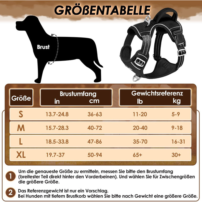 Шлейка для собак великих порід, анти-тяга, з 2 карабінами та зручною ручкою, регульована та світловідбиваюча, з м'якою підкладкою, для щоденних тренувань (Чорний, L) Розмір L (Окружність шиї: 42-60 см, Окружність грудей: 47-86 см) Чорний