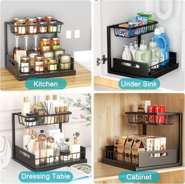 Cocolemon Under Sink Shelf Organizer, 2-Tier Kitchen Cabinet Organizer with Drawer, Large Capacity Under Sink Shelf, Spice Rack and Kitchen Helper for Kitchen, Bathroom, Under Cabinet, Black (2 PCS)