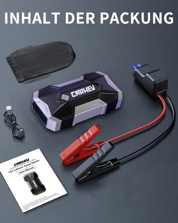 Powerbank для авто Starthilfe: 4500A, 8.0L (бензин/дизель), 12V, LED, Jump Starter з кабелями та 2 USB