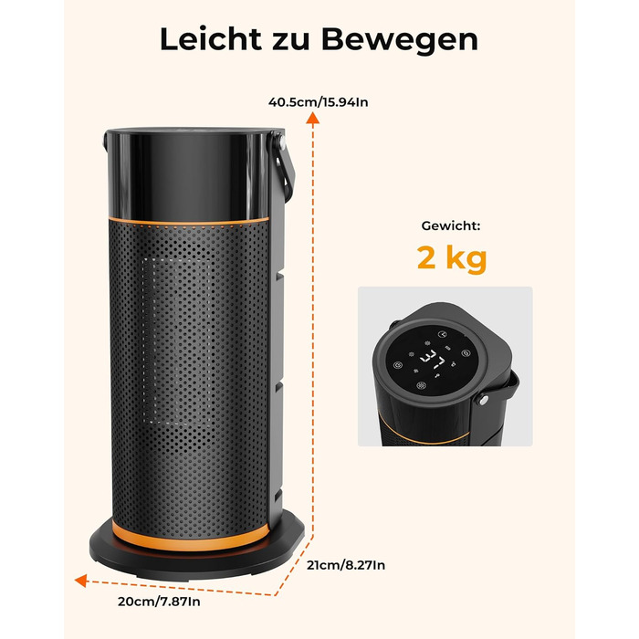 Електричний обігрівач 2000W з PTC-керамічним нагрівачем, тихий, з пульт дистанційного керування, таймером, поворотним механізмом 70° та LED-дисплеєм. Підходить для офісу, спальні, ванної кімнати, дому. Чорний, без полум'я.