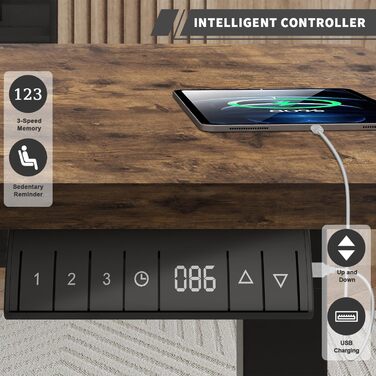 Електричний регульований стіл JUMMICO 160x80 см з USB, кабель-органайзером, ергономічний комп'ютерний офісний стіл, вінтажний коричневий