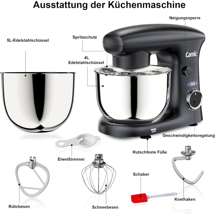 Кухонна машина Camic з LED-дисплеєм, 10 швидкостей, 3 насадками (діядовий, міксер, вінчик) та 2 чашами з нержавіючої сталі 4Л та 5Л для тіста, хліба та тортів, сіра