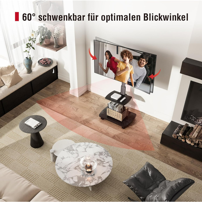 AOKCOS Rolling TV Stand with Wood Shelf - Adjustable Height & Swivel - Fits 32-65 inch TVs (up to 40kg, VESA 400x400mm)