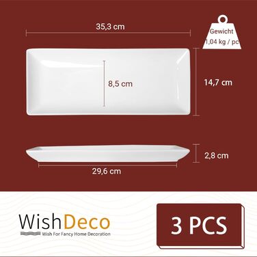 Набір прямокутних тарілок 6 шт. (23x12 см) - сервірувальна тарілка для закусок, десертів, суші, салатів, порцеляна, білий колір