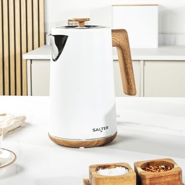 Електричний чайник Salter Toronto 1,7L з функцією швидкого кип'ятіння, 360° обертання, фільтром від накипу, дерев'яним дизайном, бездротовим підключенням, захистом від сухого кип'ятіння та автоматичним вимкненням. Otter-контролер, білий колір.