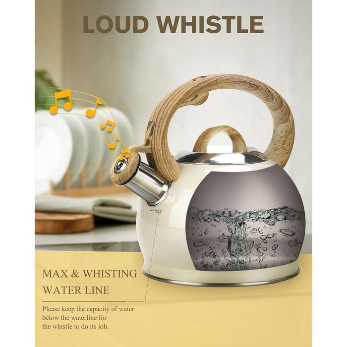 Чайник Teekessel 2.1 л з плитою, чайник з нержавіючої сталі з дерев'ястим декором, складаний ручка, для всіх типів плит (білий)