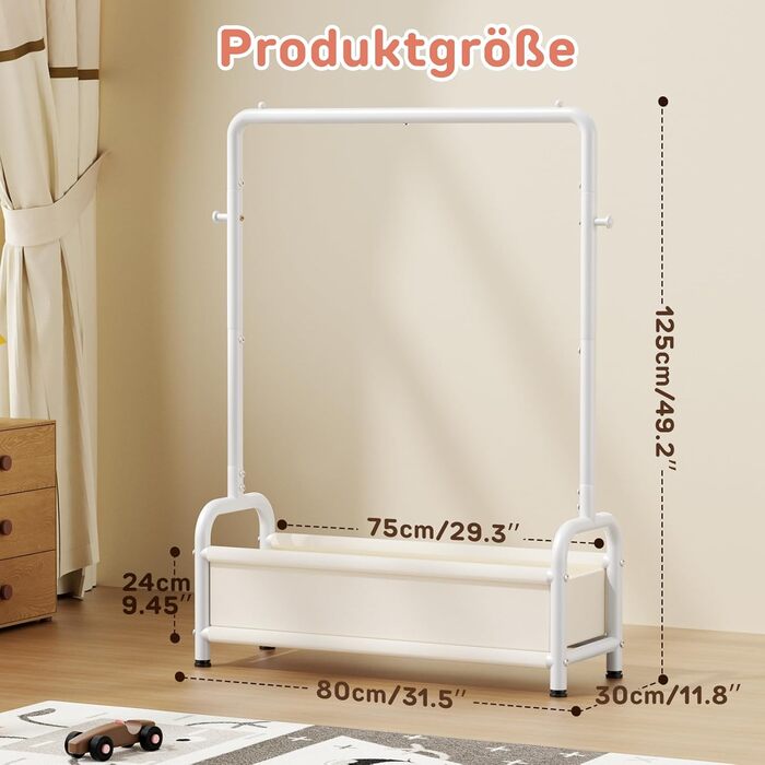 Дитяча вішалка для одягу Kinder Garderobe 80x30x125 см, біла. З гачками та кошиком для зберігання, U-подібна основа.