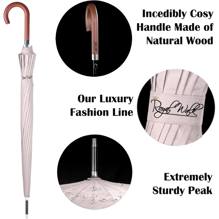 Royal Walk Automatic Travel Golf Umbrella - 54 inch / 137cm - Windproof, Waterproof, Large Size for 2 People - Classic Design with Wooden Handle - Unisex