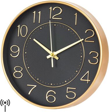 HZDHCLH Funk Wall Clock Silent No Ticking 25 cm Easy-to-Read Clock for Kitchen, Living Room, Bedroom, Bathroom, Home Office (Black Gold)