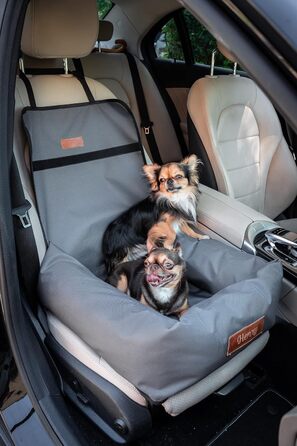 Крісло-ліжко для собак Petsen з іменем, сіре. Зручне автокрісло для собак маленьких порід, автоліжко з ліжком та поводок.