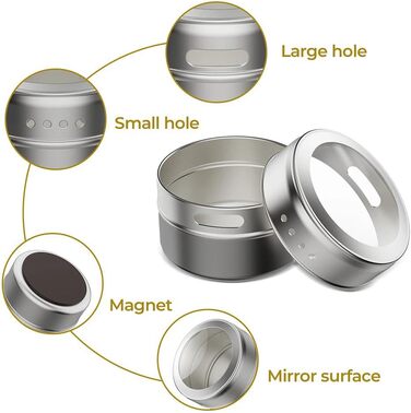 Kingmate 12-Piece (Gray) Spice Jars - Magnetic Stainless Steel Spice Jars, 96 Spice Labels & 24 Blank Labels, Spice Rack Spice Jar Set - Glass Magnetic Spice Box