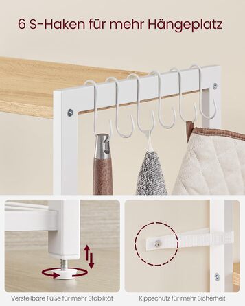 Стелаж кухонний VASAGLE з 2 металевими кошиками, стелаж-пекарня з гачками та полицями, для мікрохвильової печі, 35 x 80 x 93,5 см, золотий дуб + білий