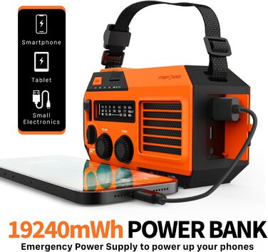 Радіоприймач FosPower NOAA/FM/AM з Power Bank 5200mAh, сонячною та ручною зарядкою, ліхтарик, SOS-сигнал - помаранчевий