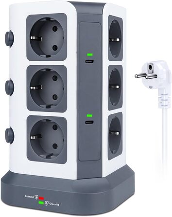 Багатофункціональна мережа живлення KOOSLA з USB-C, 12 розеток, захист від перенапруги (1500 Дж), індивідуальне вмикання, 5м кабель, сірий колір
