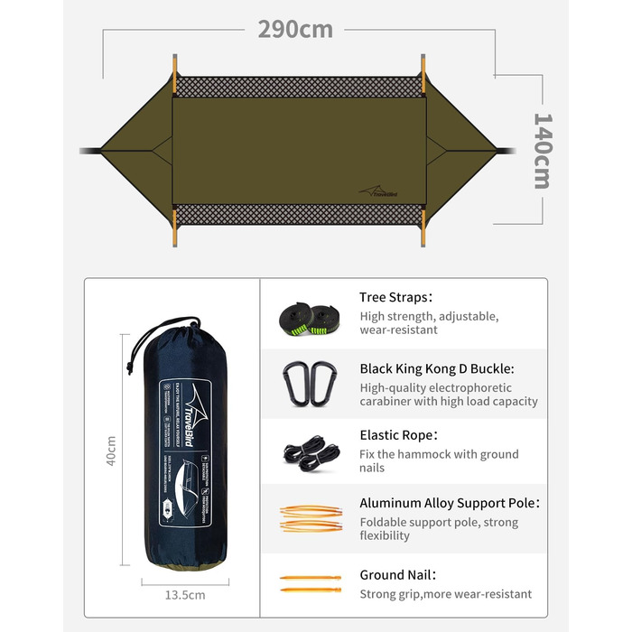 Гамак для кемпінгу 4-в-1 з москітною сіткою та знімним сонцезахистом, 290x140 см, армійний зелений