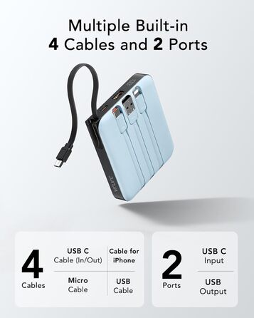 Power Bank VRURC 10000mAh з кабелем: компактний акумулятор USB-C, швидка зарядка 22.5W, LED-індикатор, сумісний з iPhone, Huawei