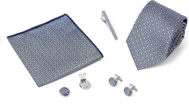 Подарунковий набір для чоловіків: краватка, хустинка, запонки, зажим для краватки, ґудзики для манжетів в елегантній коробці для офісу, весілля, костюма. Жовто-блакитний з мікро-візерунком