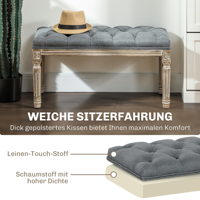 HOMCOM Upholstered Bench Gray Vintage Style Bench with Button Tufting from Rubber Wood & Linen 142x47x51cm for Dining Room & Entryway