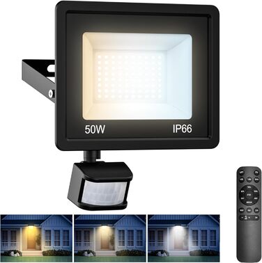 LED Floodlights with Motion Sensor Outdoor, 30W Super Bright LED Spotlights with Remote Control, IP66 Waterproof Floodlights, 6500K Cool White Outdoor Lamp for Garden Garage Yard Wall - 2 Pack (Warm/Neutral /Cool White, 50W - 1 Piece)