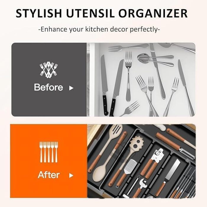 Органайзер для столових приборів ZHUlYIWIN в шухляду, розсувний, з тримачами для ножів (сірий)