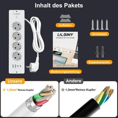 Вбудована розетка з 2 USB-C та 4 розетками, 3680W, 16A, білий кабель 2м. Розподільник розеток для конференц-столу, дивану