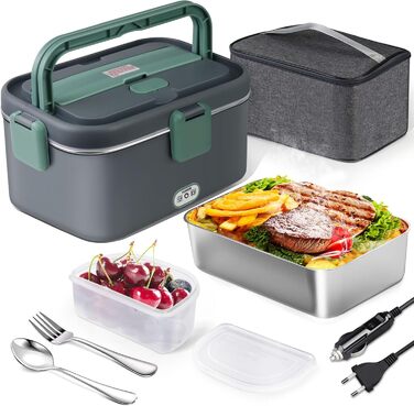 AUTOPkio Electric Lunch Box 1.8L 80W, 12V/24V/220V Large Heated Food Warmer with Bag, Stainless Steel Fork & Spoon for Car, Truck, Office
