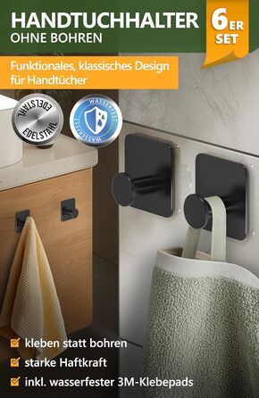 Набір тримачів для рушників 4smile (6 шт.) без свердління, з нержавіючої сталі, чорний. Самоклеючі гачки для ванної кімнати, висока вантажопідйомність.