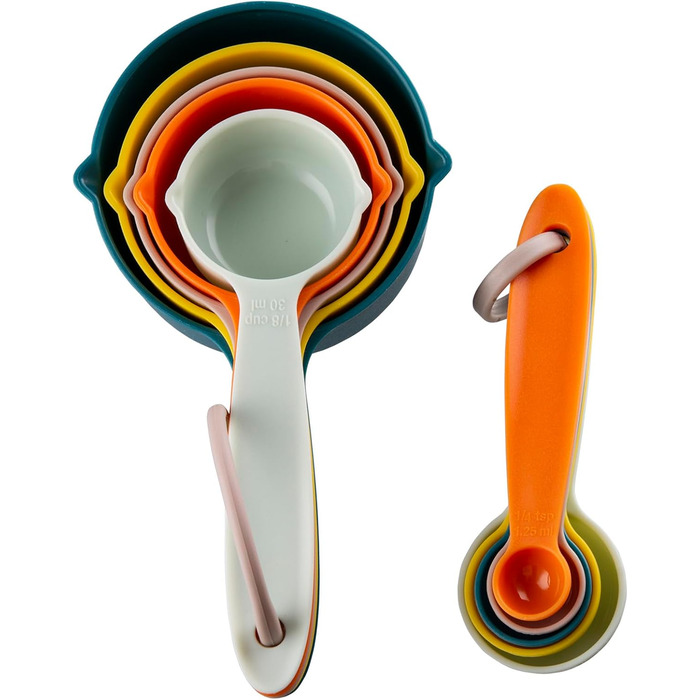 Measuring cups and spoons, plastic, measuring cups and spoons for baking and kitchen use, engraved metric/US markings for liquid and dry measurement, BPA-free, colorful measuring cups and spoons