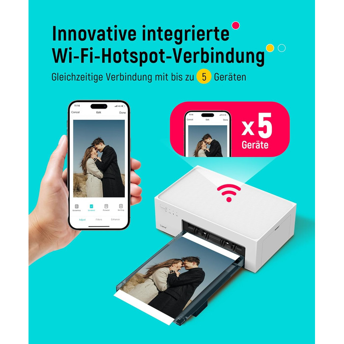 Портативний фотодрук для смартфонів Liene (10x15 см) + 2 пачки фотопаперу (20+80 аркушів), WiFi, сублімація, для iPhone/Android/PC, білий