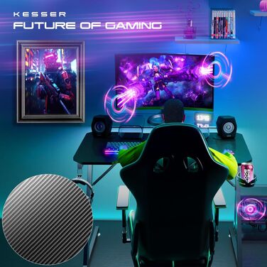 Ігровий стіл KESSER Gaming 120x60 см, Z-подібний ергономічний комп'ютерний стіл з карбоновим покриттям, підставкою для напоїв та гачком для навушників, чорний