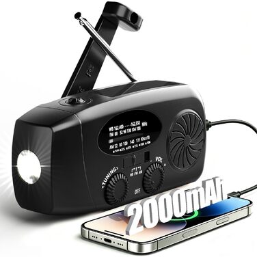 Радіо на сонячних батареях і з ручним заводом Notfallradio – AM/FM, погода, ліхтарик LED, SOS, 2000mAh, зарядка для смартфонів, чорний