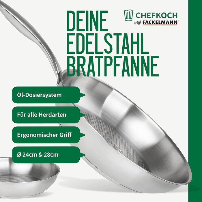Fackelmann Chefkoch 2-Piece Stainless Steel Fry Pan Set - 28cm & 24cm - Induction & Dishwasher Safe