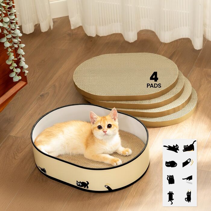 Котячий когтетоп з коробкою та 4 змінними когтеточками - великий комплекс з міцного гофрокартону, двосторонні когтеточки з наклейками DIY - лежанка для котів у квартирі, захист меблів. Великий котячий бокс + 4 когтедрови + наклейки