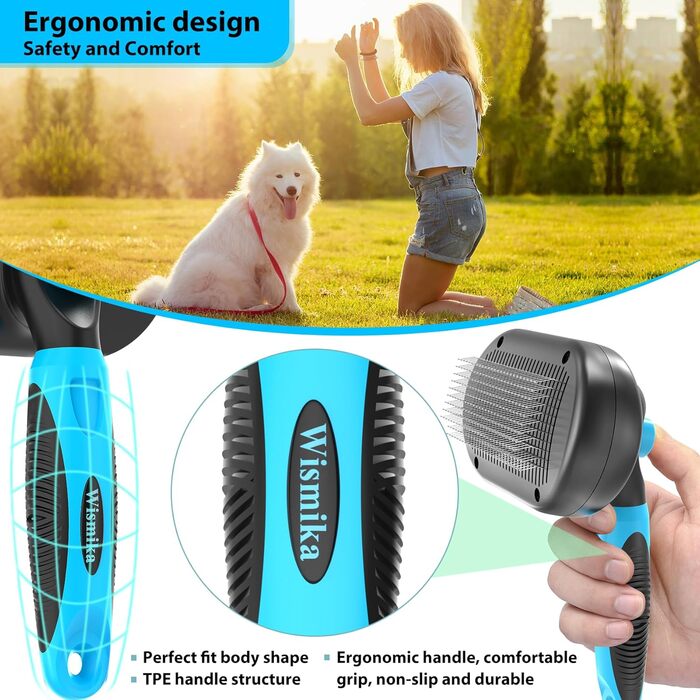 Двостороння щітка для грумінгу собак та котів 2-в-1, для видалення підшерстка, самоочисна (блакитна)