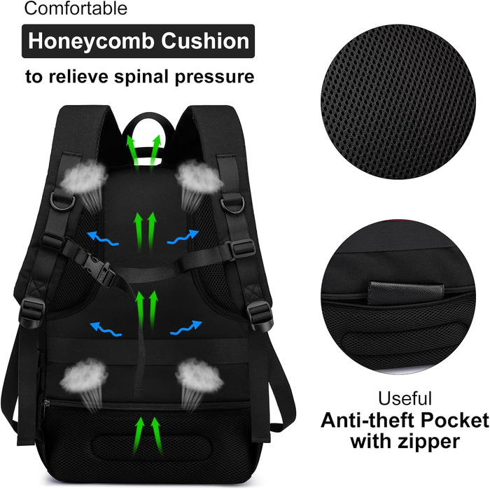 Рюкзак шкільний YIORMIOR для підлітків, чоловіків та жінок, 35L, USB-порт для зарядки, 15.6 дюймів, чорно-золотий