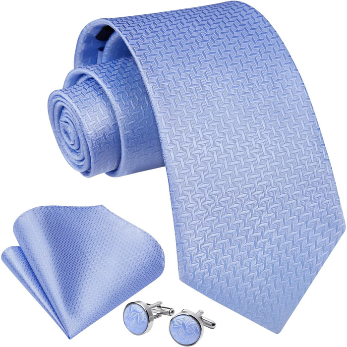 Краватка чоловіча Enlision для весілля, комплект з краваткою, кишеньковим хустинкою та запонками, шовкова, павальовий візерунок, однотонна, блакитний (C2)